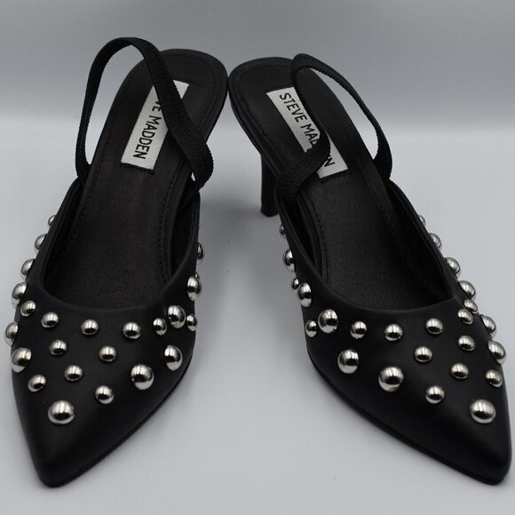 Brand New Steve Madden Black Sling Back Stiletto Pumps with Silver Tone … - Picture 1 of 4